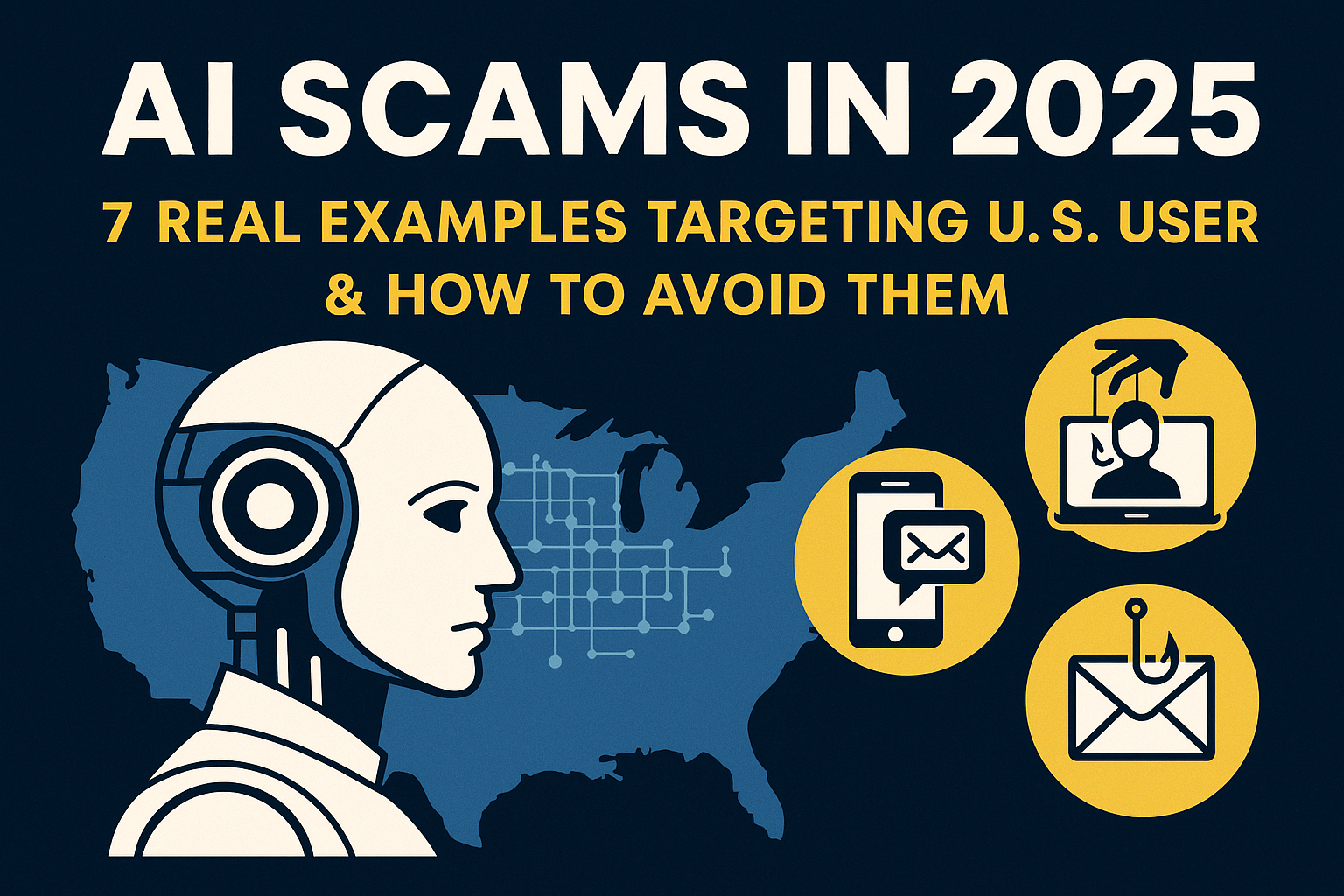 Illustration of a humanoid robot next to a map of the U.S. with icons representing common AI scams, including phishing emails, impersonation, and text-based fraud, highlighting threats to U.S. users in 2025.
