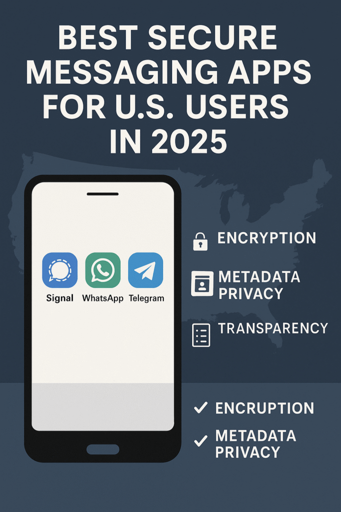 Smartphone screen showing Signal, WhatsApp, and Telegram app icons over an American flag background, representing the best secure messaging app for USA users in 2025.