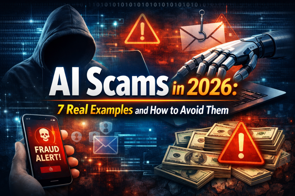 AI scams in 2026 showing a hacker and AI hand stealing money through phishing emails and fraud alerts