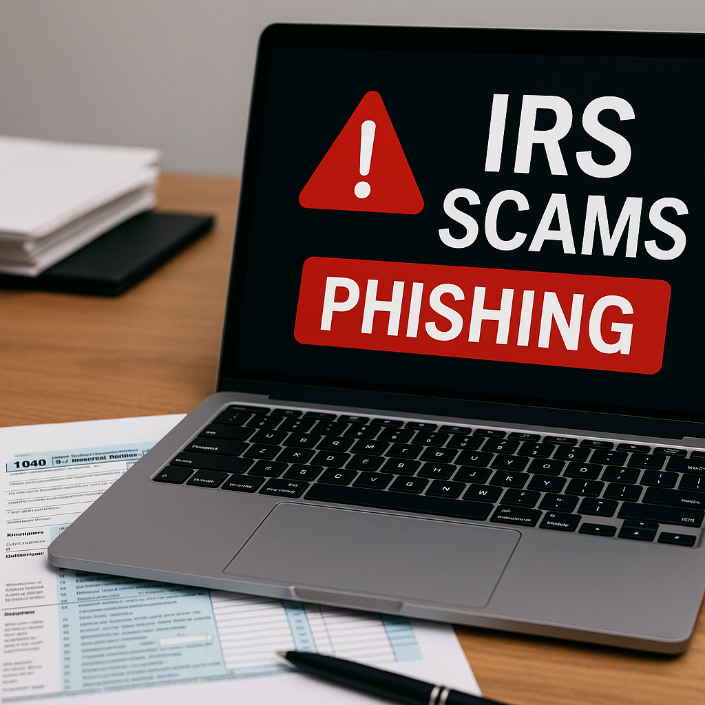 Laptop screen displaying IRS scams and phishing warning next to U.S. tax form 1040 on a desk