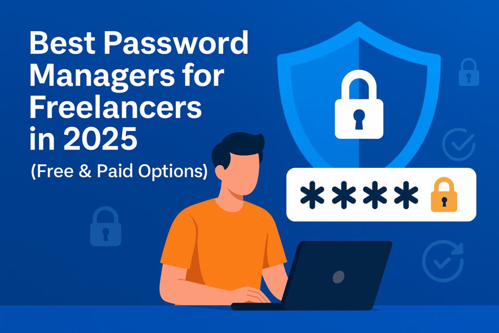 A digital photograph of a modern freelancer working on a laptop, surrounded by secure login screens and password manager icons, symbolizing cybersecurity and productivity in 2025.