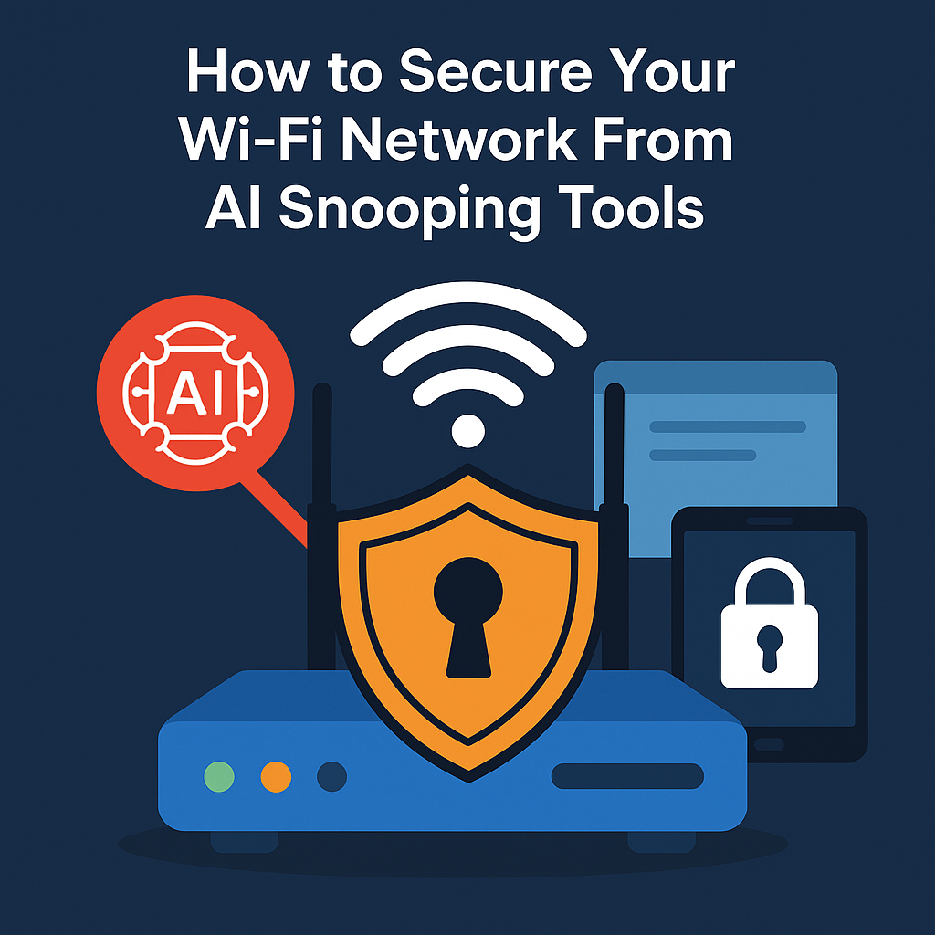 Secure your Wi-Fi network from AI snooping tools in a modern home office setup with a protected router and a freelancer working safely online.