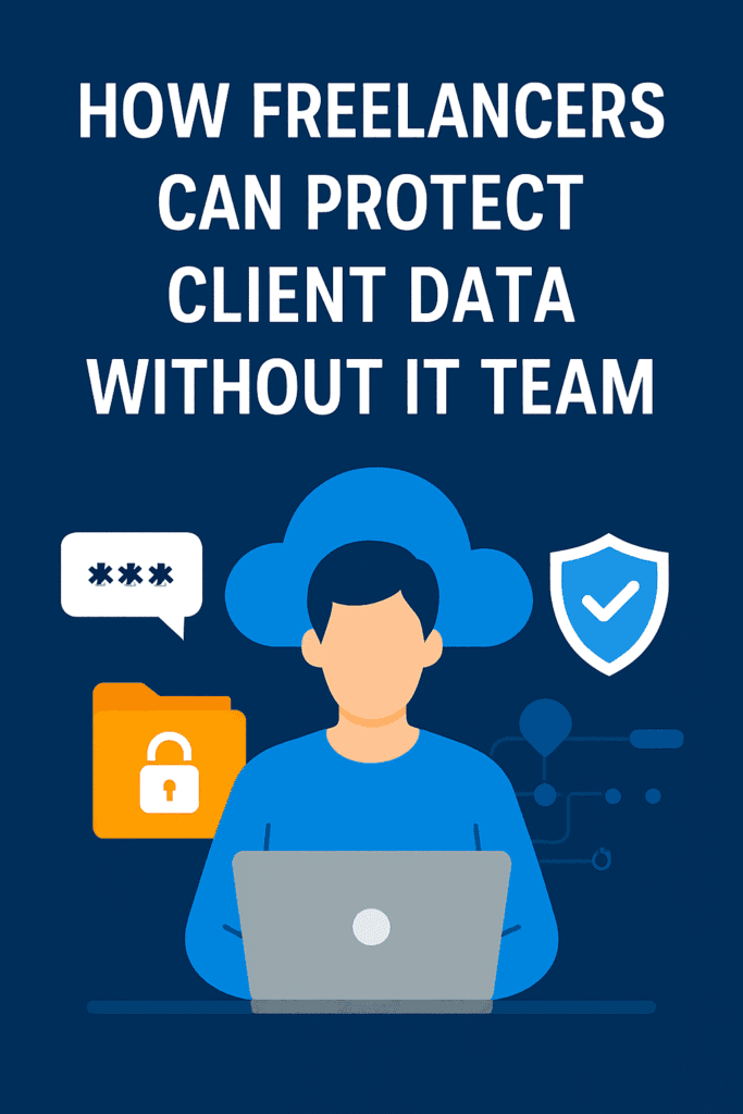 How freelancers can protect client data without IT team – illustration of a freelancer working securely on a laptop with cybersecurity icons like a shield, lock, and encrypted cloud