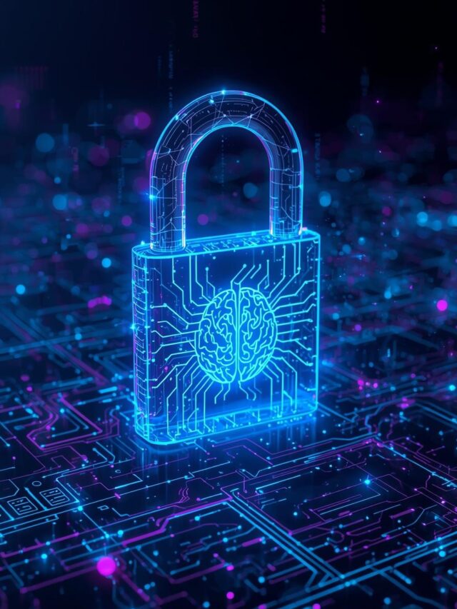 Futuristic glowing digital lock with AI brain circuits above a cyber grid, symbolizing how AI is changing cybersecurity in 2025.