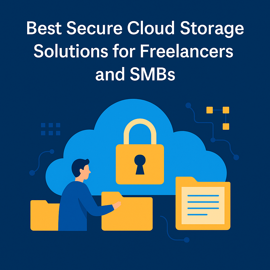 Illustration of secure cloud storage for freelancers and SMBs in the USA showing a blue cloud with a padlock, laptop, and remote team collaboration representing data protection and cybersecurity