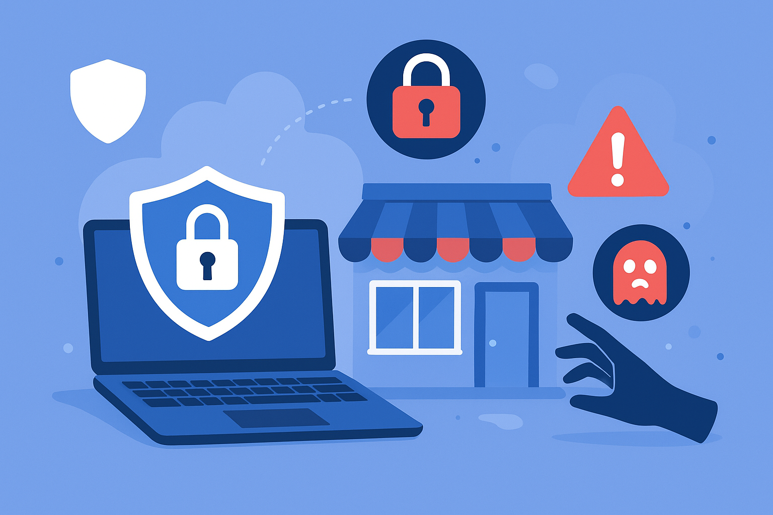 Illustration of a small business storefront and laptop protected by a cybersecurity shield, symbolizing cyber insurance for small businesses in 2025.