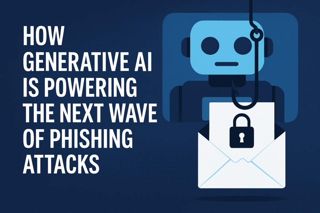 Digital illustration showing how generative AI is driving new phishing attacks — a robotic figure with a fishing hook pulling an envelope with a lock icon, symbolizing AI-powered cyber threats and email phishing risks.