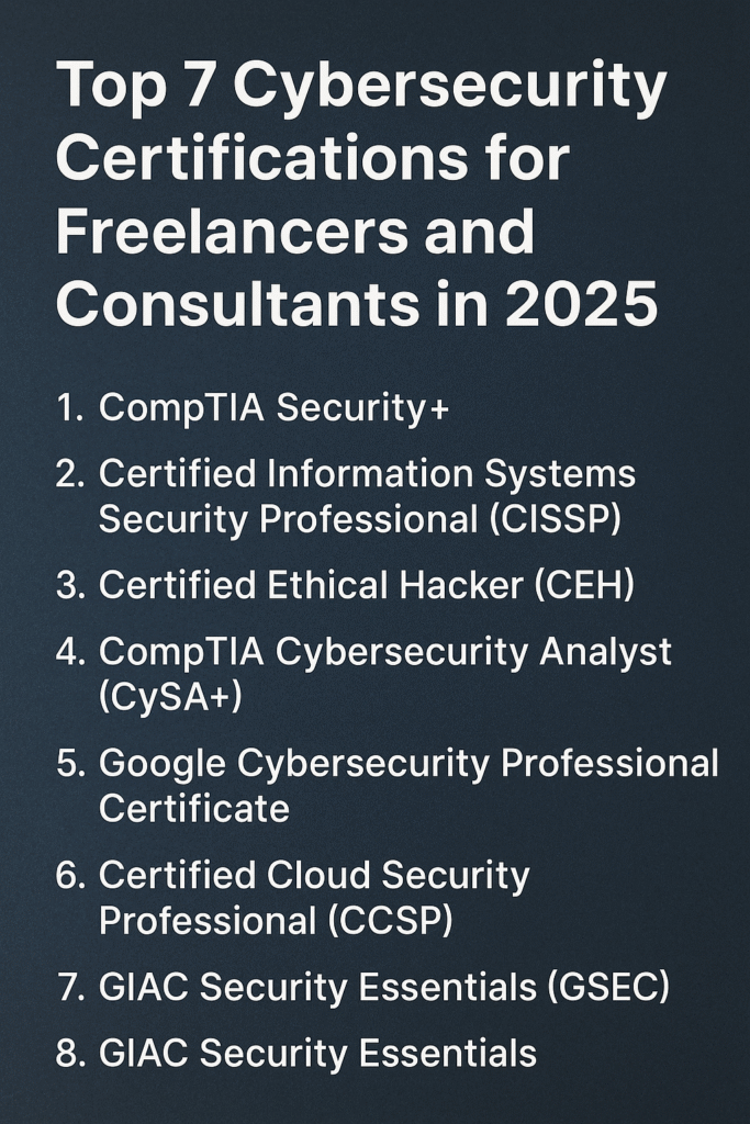 Top 7 cybersecurity certifications for freelancers and consultants in 2025 – including CompTIA Security+, CISSP, CEH, CySA+, Google Cybersecurity Certificate, CCSP, and GSEC.