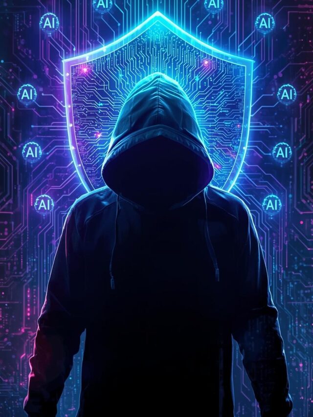 Hooded cybercriminal surrounded by floating AI icons and a glowing security shield, illustrating AI-powered hacking and cybersecurity defense