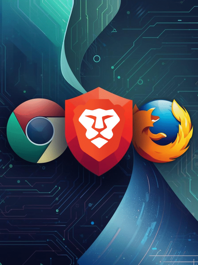 Logos of Chrome, Brave, and Firefox surrounding a glowing lock symbol on a dark cyber background, representing browser privacy and security in 2025
