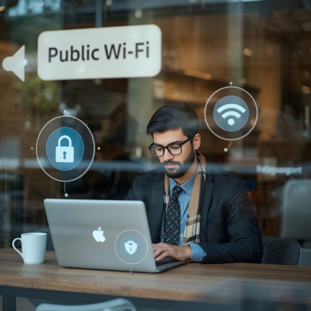 How freelancers can stay safe on public Wi-Fi while working on a laptop in a coffee shop with visible security icons.
