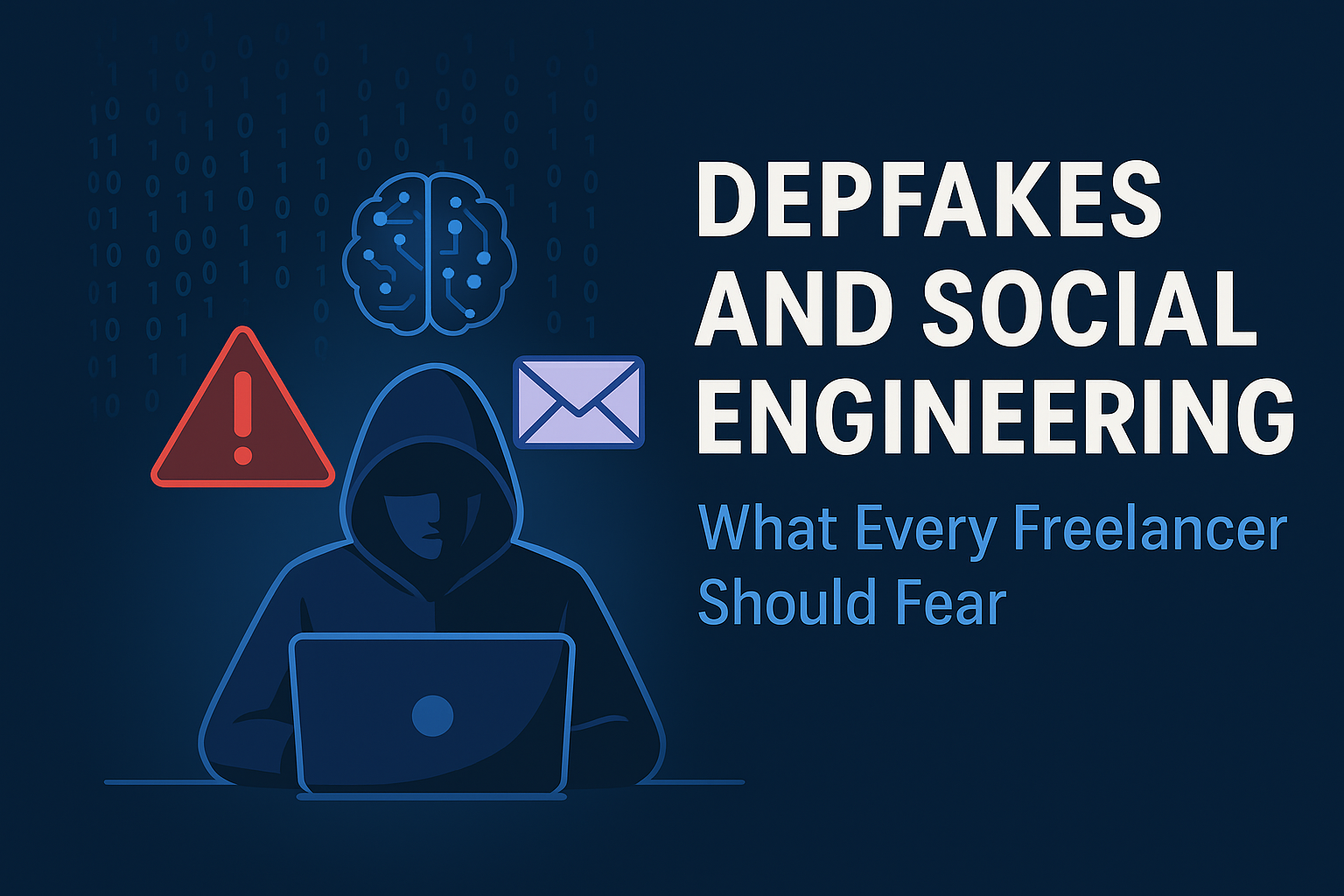 A hooded hacker using a laptop surrounded by AI icons, binary code, and warning signs — symbolizing the dangers of deepfakes and social engineering for freelancers