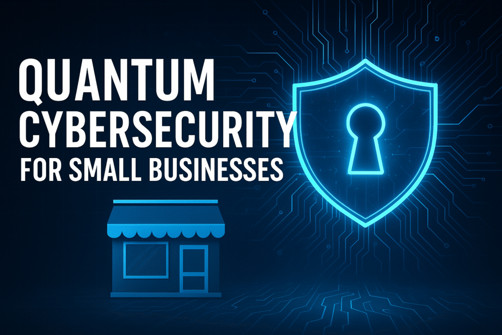 Illustration of quantum threats to small business cybersecurity showing a glowing digital security shield and a small shop icon on a blue tech background.