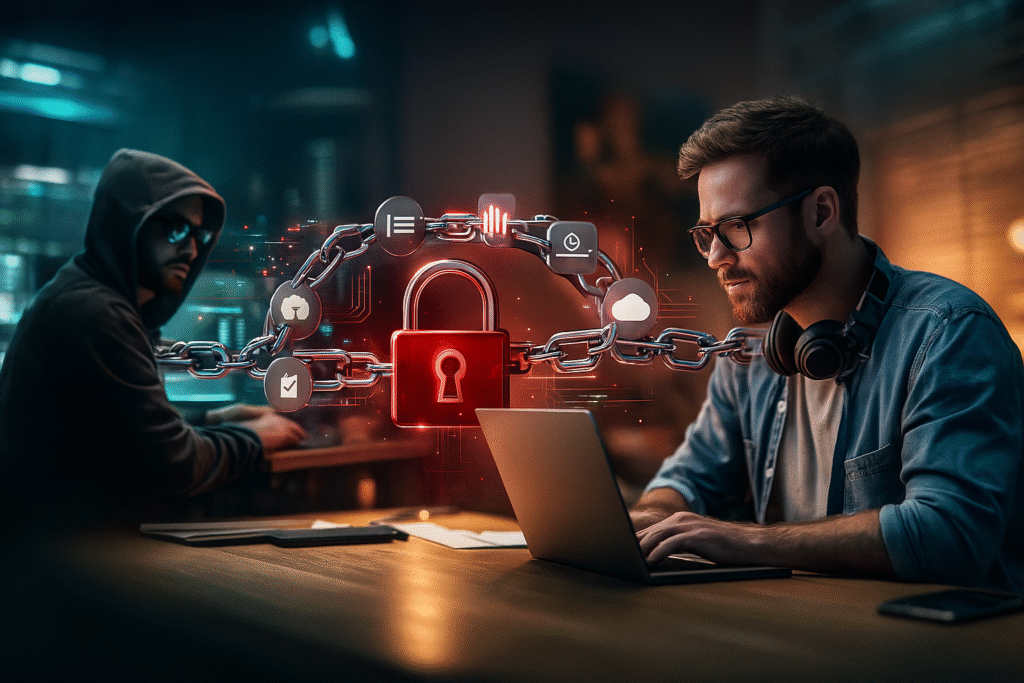 Man working on a laptop with a digital padlock and security icons, representing protection against supply chain attacks while a hooded hacker lurks nearby.
