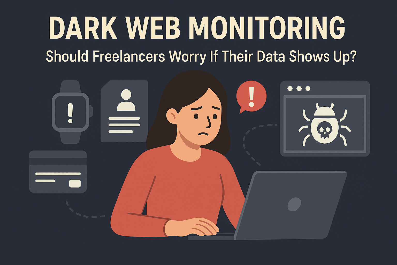Dark web monitoring illustration showing a freelancer worried about leaked data and security alerts.