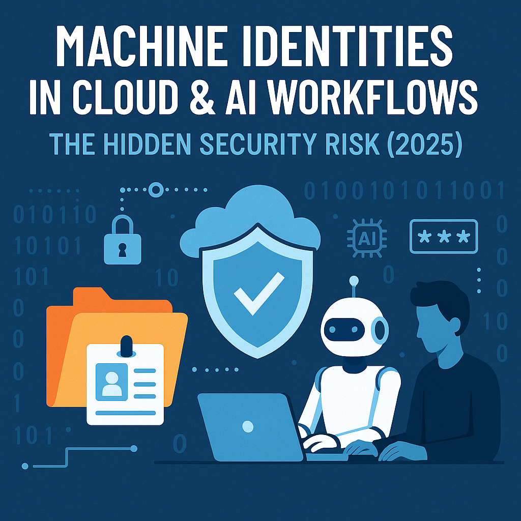 Digital illustration showing machine identities as secure digital keys protecting cloud and AI workflows, symbolizing cybersecurity and identity management.