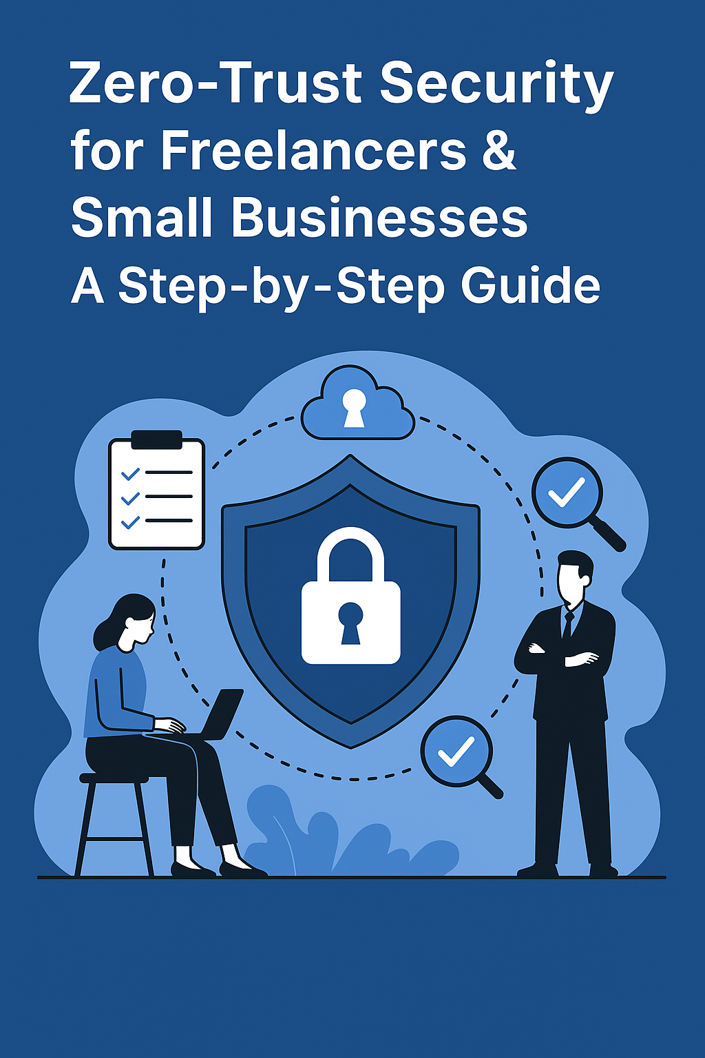 Zero Trust Security for small businesses illustration showing freelancers and small businesses protected by a digital shield representing modern cybersecurity in 2025.