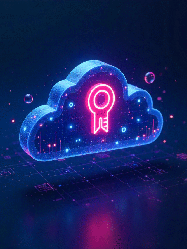Futuristic cloud with glowing machine identity icons such as keys, certificates, and AI models, representing hidden risks in cloud and AI workflows.