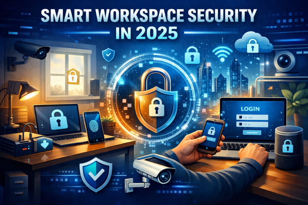 Smart workspace security in 2025 showing a secure home office desk with protected laptop, smartphone, smart devices, and digital security icons