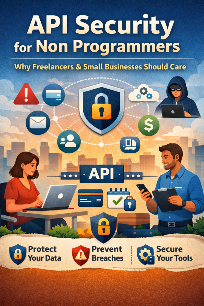 API security for non programmers explained with a visual showing freelancers and small businesses protecting data through secure APIs