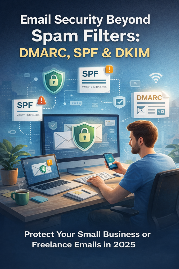 Email security beyond spam filters showing DMARC, SPF, and DKIM protecting small business emails