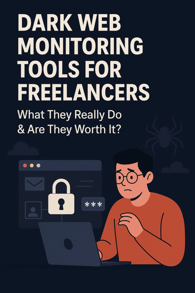 Illustration of a freelancer using a laptop with security icons and a lock symbol, representing Dark Web Monitoring Tools for Freelancers.