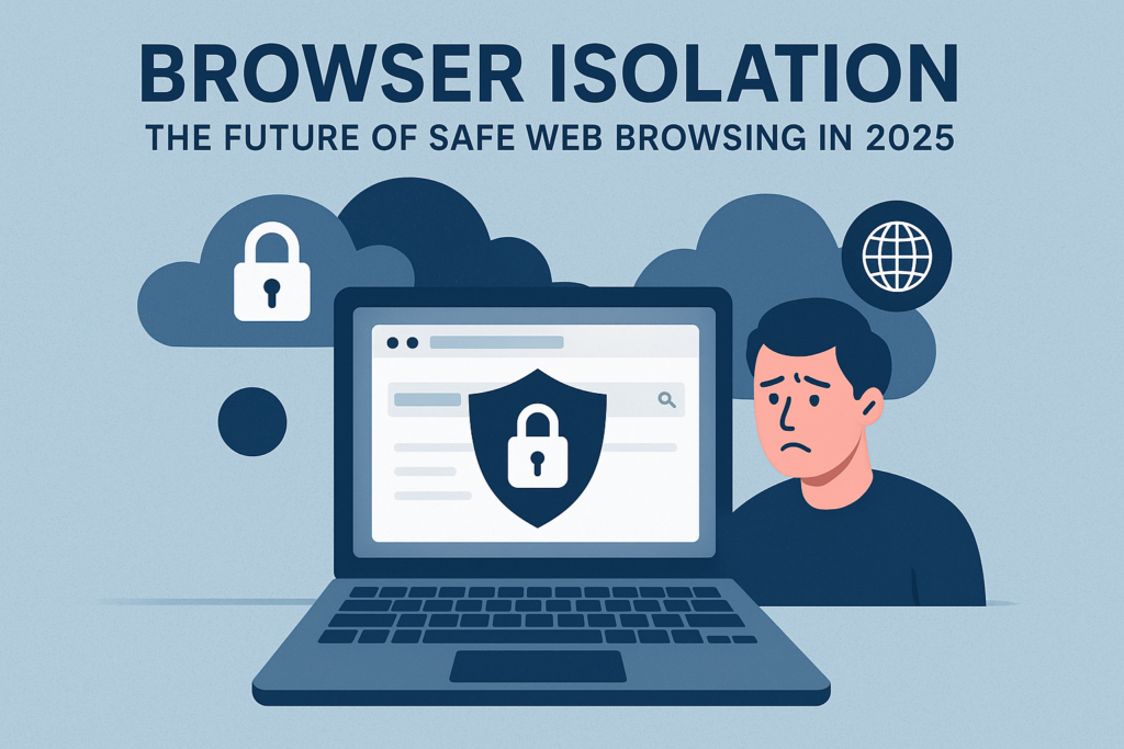 Illustration of a secure laptop screen showing a shield icon representing browser isolation technology, with a worried user and cloud security icons in the background.