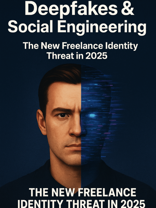 Poster showing a man’s face split into a real half and a glitching digital deepfake half, illustrating identity risks for freelancers