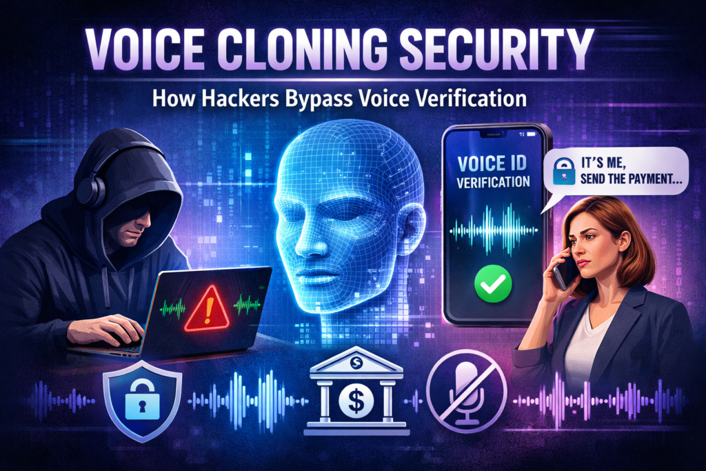 Voice cloning security illustration showing AI-generated voice replica used by hackers to bypass voice verification systems