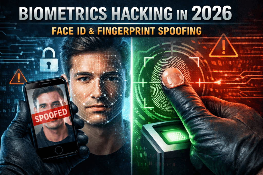Illustration showing biometrics hacking in 2026, with Face ID spoofing and fingerprint authentication being hacked
