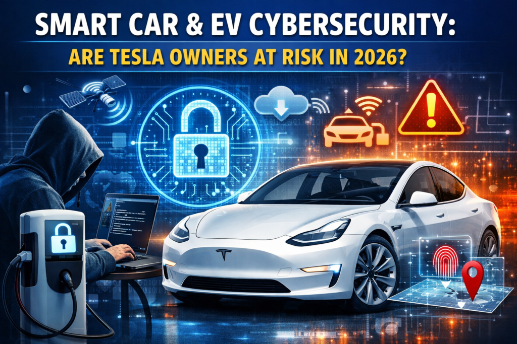 Smart Car & EV Cybersecurity showing Tesla electric vehicle facing hacking and data security risks in 2026