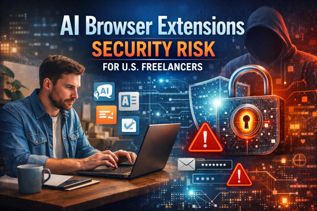 AI browser extensions security risk for U.S. freelancers shown with freelancer working on laptop and cybersecurity warning icons