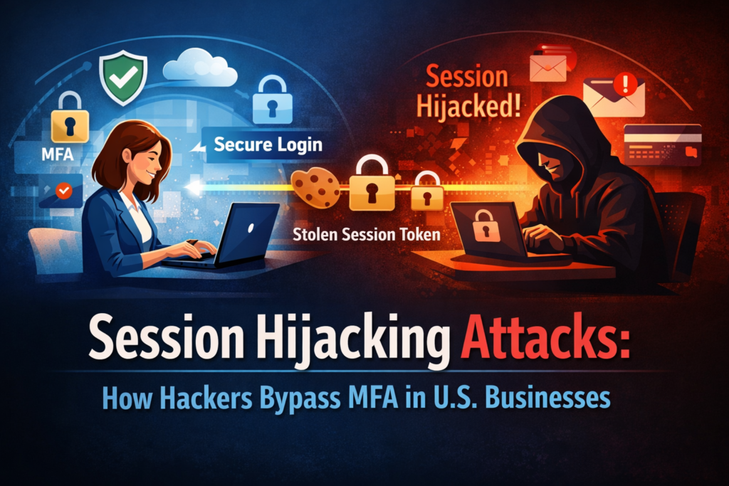 Session hijacking attack illustration showing hacker stealing session token while a U.S. business user works securely with MFA