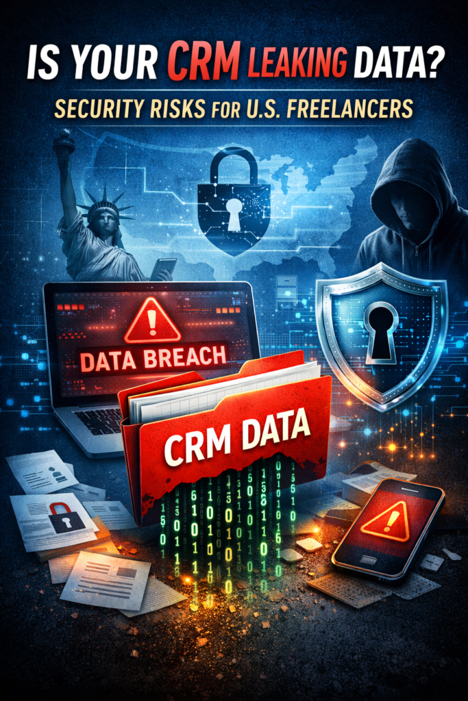Freelancer using CRM software on laptop with cybersecurity warning about client data breach