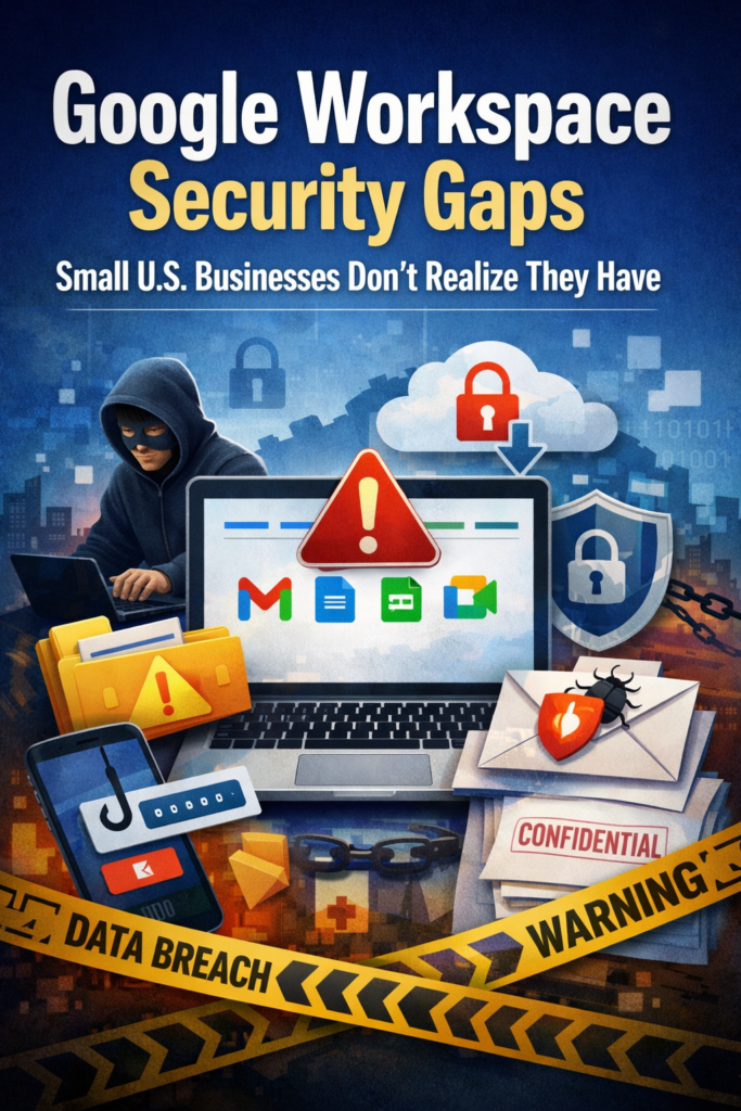 Google Workspace security gaps illustration showing hacker accessing Gmail and Google Drive data affecting small businesses