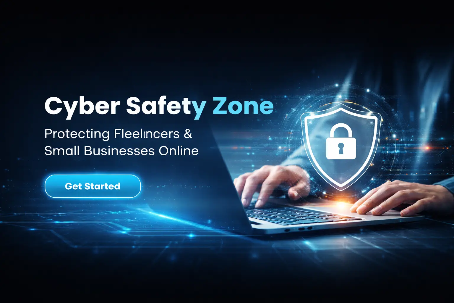 Cybersecurity for freelancers illustration showing freelancer using laptop with secure shield and lock