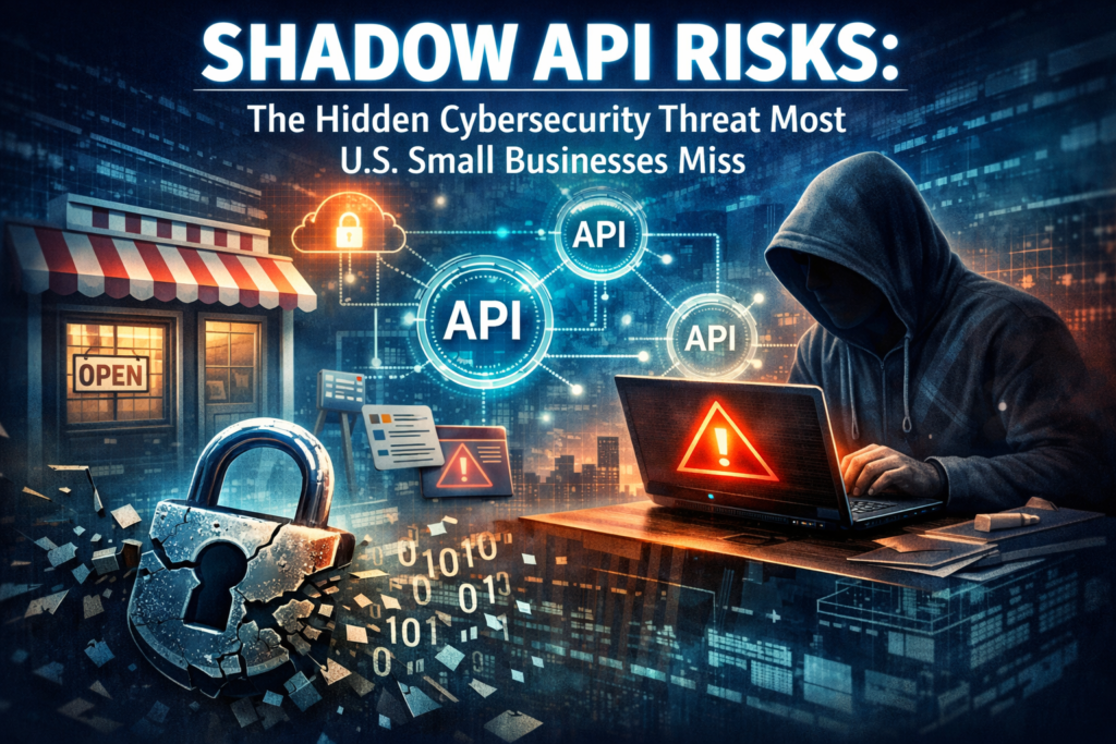 Shadow API Risks illustration showing hidden cybersecurity threats for U.S. small businesses and freelancers with hacker, APIs, and broken lock visuals