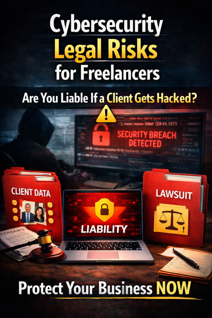 Cybersecurity legal risks for freelancers illustration showing client data breach, liability, and hacking threat