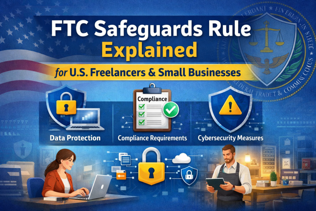 Illustration showing FTC Safeguards Rule explained for U.S. freelancers and small businesses, highlighting data protection, compliance requirements, and cybersecurity safeguards for protecting customer information.