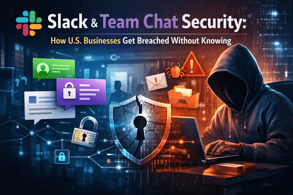 Illustration of a hooded hacker accessing team chat messages on a laptop, surrounded by cybersecurity warning symbols, locks, and a cracked shield, representing how U.S. businesses get breached through Slack and team chat apps.