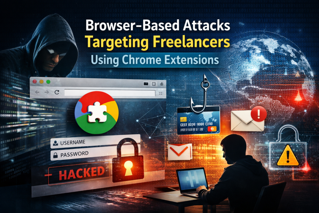 Browser-based attacks targeting freelancers using Chrome extensions illustrated with hacker, phishing hook, and compromised login credentials.