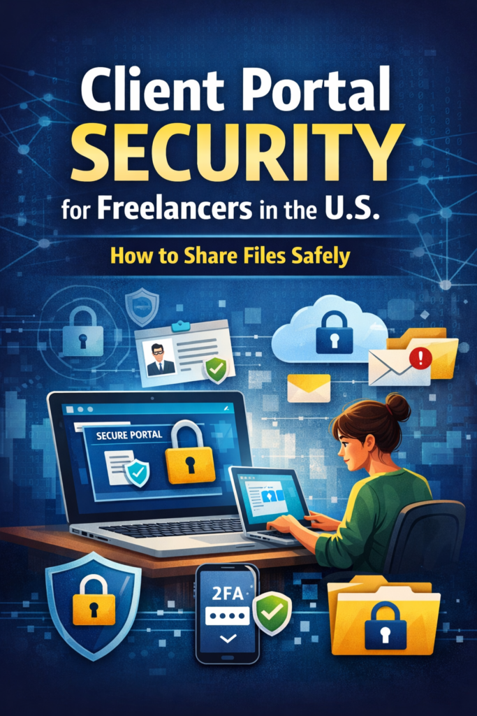 Illustration showing client portal security for freelancers in the U.S with a freelancer using a secure portal, encryption, and multi-factor authentication to safely share files.
