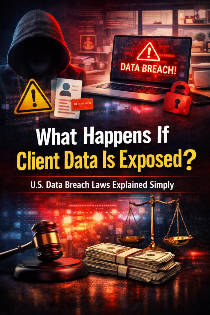 What happens if client data is exposed showing data breach warning, hacker, and U.S. legal consequences for freelancers and small businesses