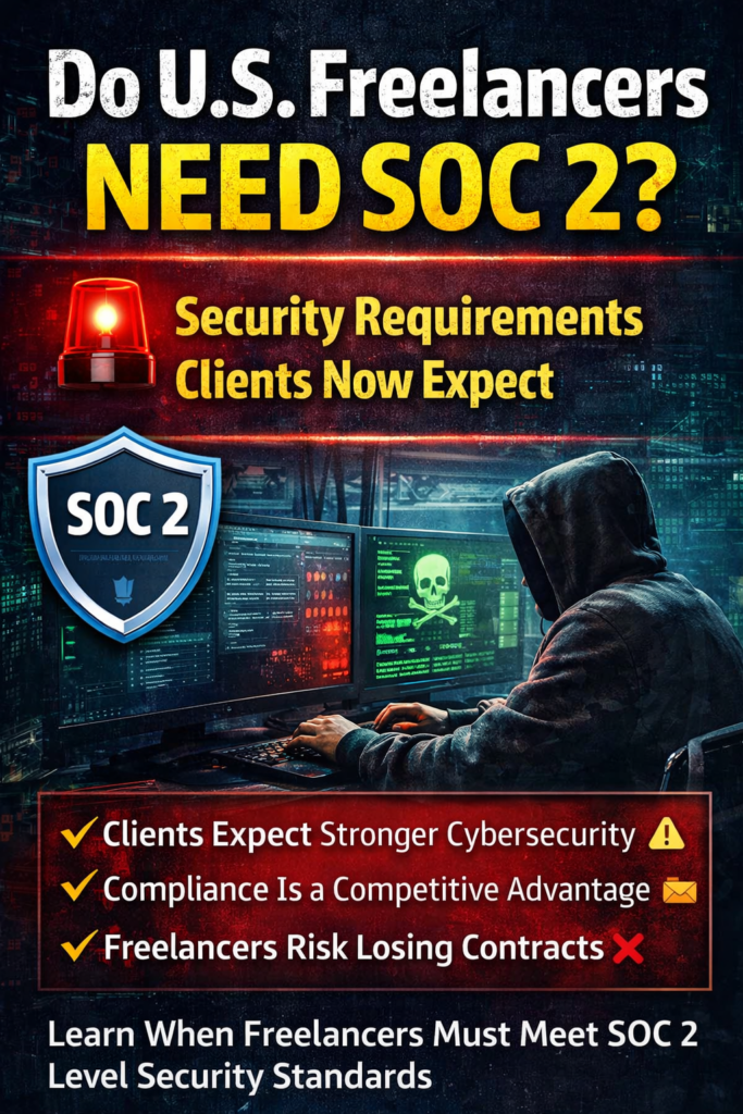 Do U.S. freelancers need SOC 2 illustration showing a freelancer working on secure systems with cybersecurity alerts and client data protection concepts