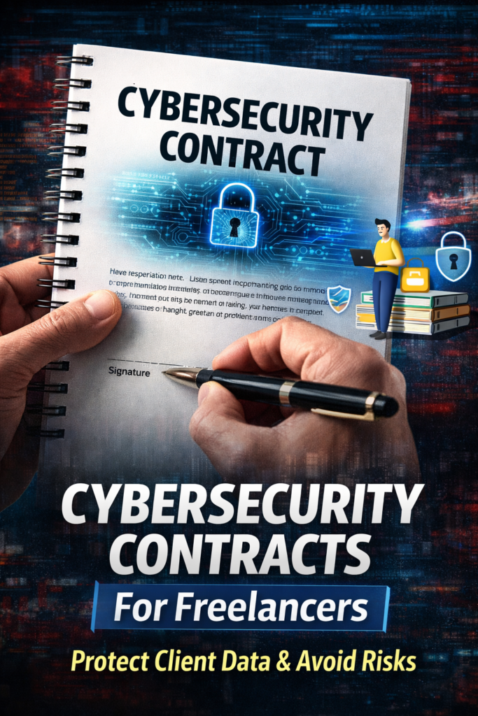 Cybersecurity contracts for freelancers showing a signed agreement with digital lock icons to protect client data and reduce security risks