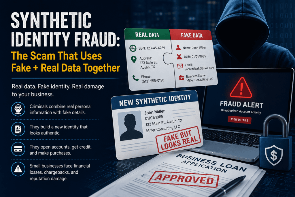 How synthetic identity fraud affects small businesses in the USA by combining real personal information with fake data to create false identities for financial scams.