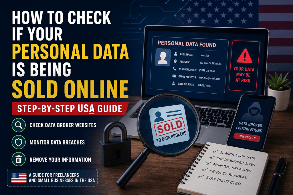 Illustration showing how to check if your personal data is being sold online with a laptop displaying exposed personal information for USA freelancers and small businesses