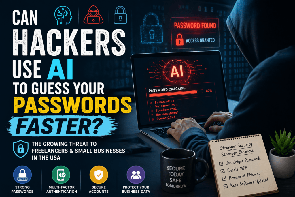 Can hackers use AI to guess passwords for small businesses shown in a cybersecurity illustration of an AI-driven password cracking attack.