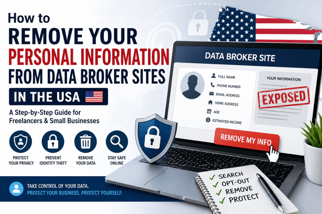Illustration showing how to remove your personal information from data broker sites in the USA with laptop, privacy icons, and exposed data warning