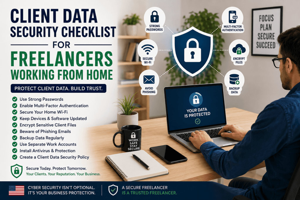 Freelancer working from home using a client data security checklist for freelancers working from home in the USA with cybersecurity icons on screen to protect sensitive business information and prevent data breaches while working online.
